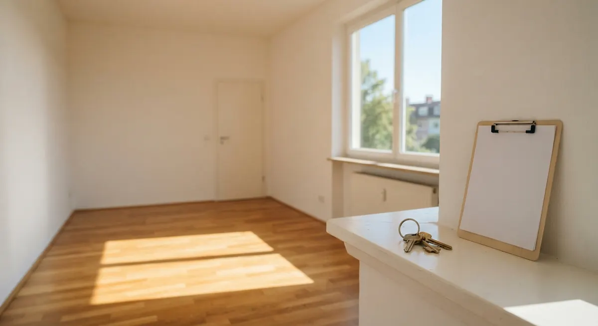 Leere helle Wohnung mit Schlüsselbund und Abgabeprotokoll auf dem Fenstersims