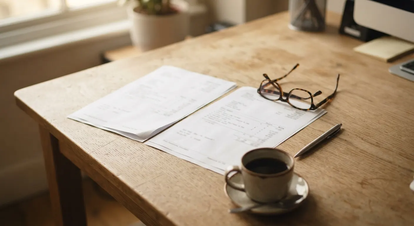 Schreibtisch mit Offertenmappe, Lupe und goldenem Prüfsiegel auf hellem Papier