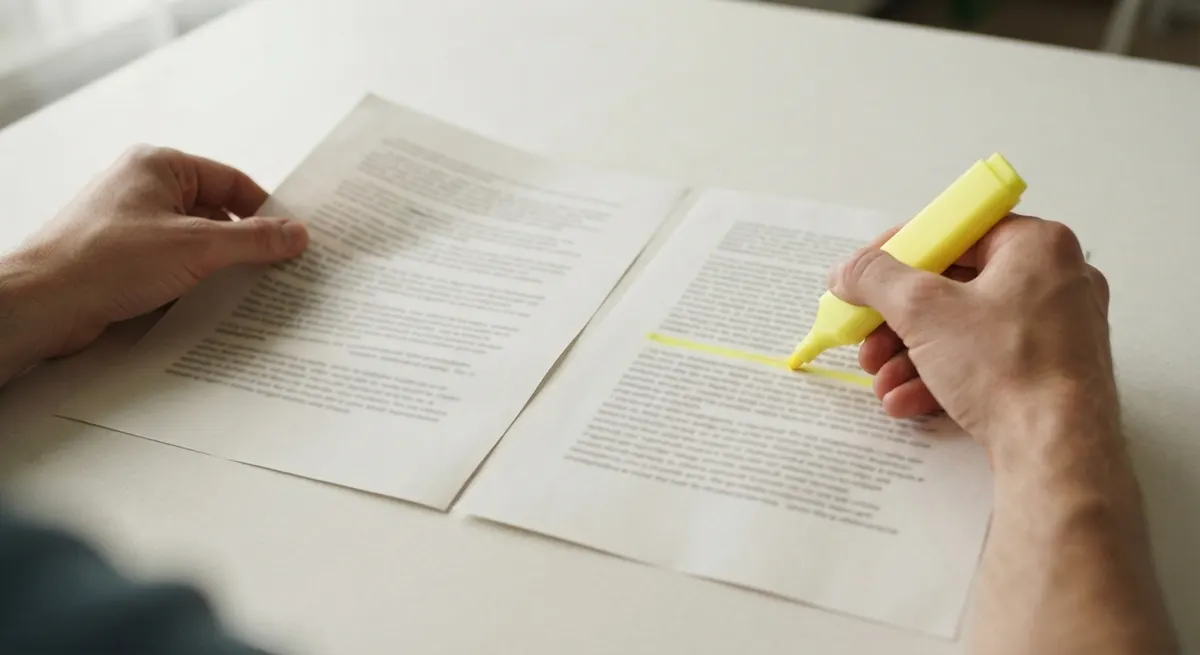 Zwei nebeneinander liegende Offertblätter mit markierten Positionen und Stift